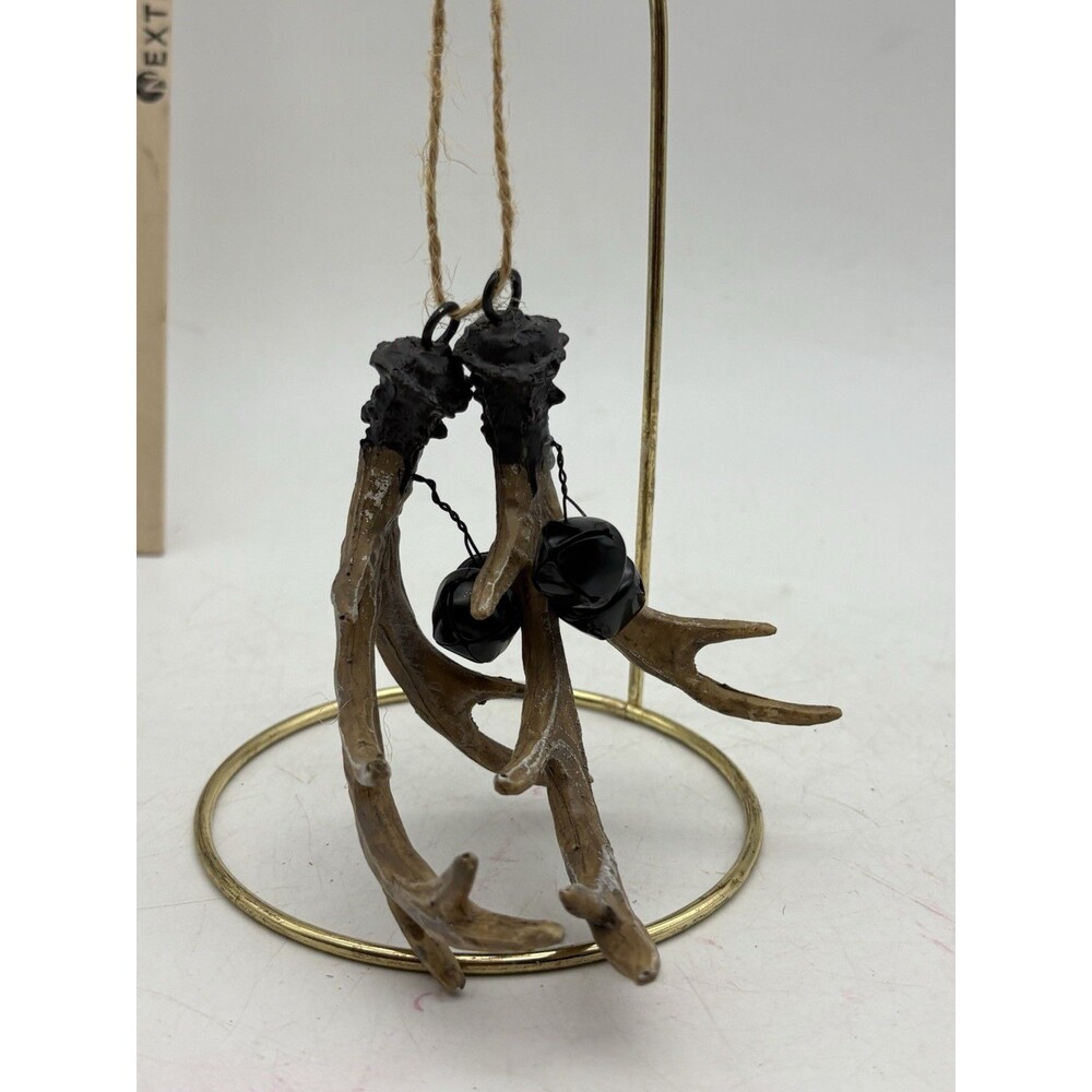 Rustic Faux Deer Antler Christmas Ornament Triple Antlers Black Bells Lodge